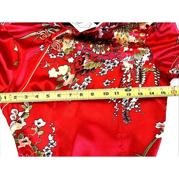 Asian Chinese Red Floral Dress S ? M? Mandarin Collar Short Slvs. Long Slits NWT - Picture 8 of 16